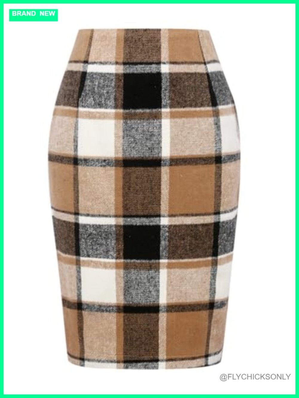 Wool Blend Plaid High Waisted Pencil Midi Skirt with Back Slit